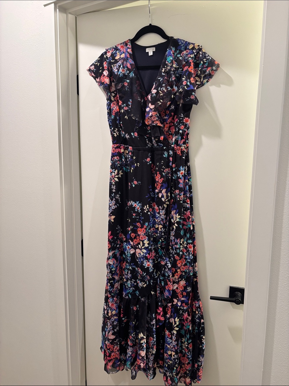 Spense Black Floral Maxi Wrap Dress with Multicolor Blooms